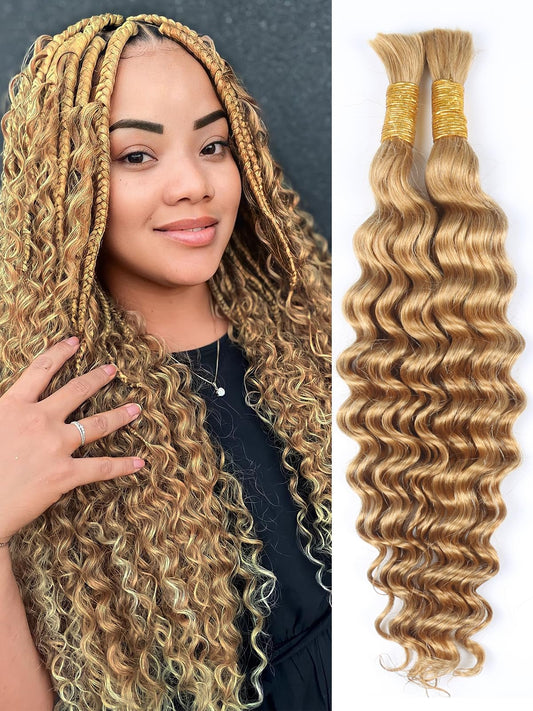 Honey Blonde Human Braiding Hair for Boho Braids 2 Bundles 20 Inch 100g #27 Deep Water Wave Bulk Human Hair for Braiding Wet and Wavy Curly Bundles No Weft Micro Braiding Hair Human Hair Extensions