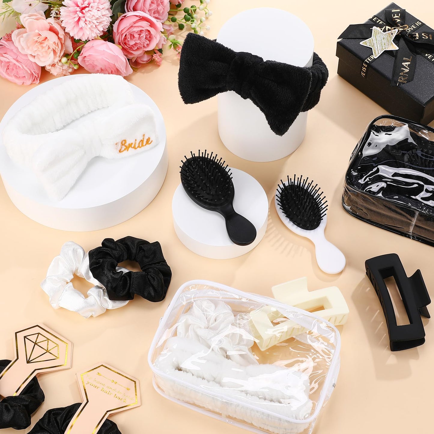 Wavyknot 40 Pcs Bachelorette Party Favor Set Include Headband Scrunchies Hair Claw Clips Hairbrush and Makeup Bag for Bridal Shower Party Gifts Bridesmaid Wedding Supplies(White and Black)