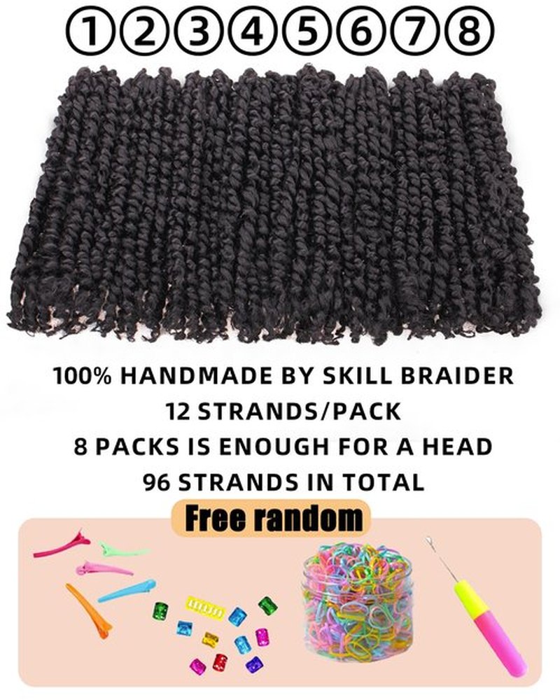 10 Inches 8 Packs Pre Looped Pretwisted Passion Twist Crochet Hair for Black Women and Kids-Natural Black,Soft Hair Extensions Braided by Synthetic Spring Kinky Twist Bohemian Curls(10"-8 Packs,1B)