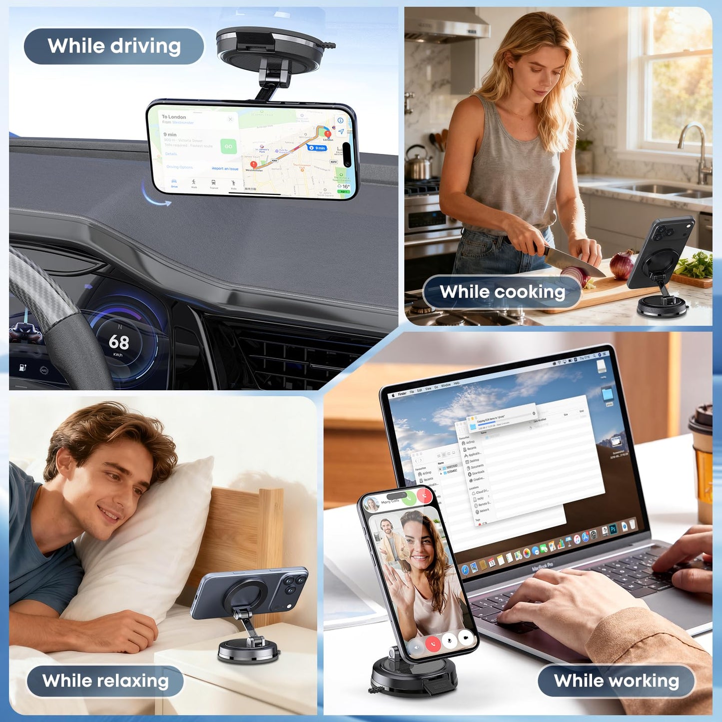 Beniduck Strong Magnetic Phone Holder for Car & Desk, Compatible with MagSafe, Secure Lock, Universal 360° Rota-Table Car Phone Mount for Dashboard, Glass, Table, Carbon Fiber
