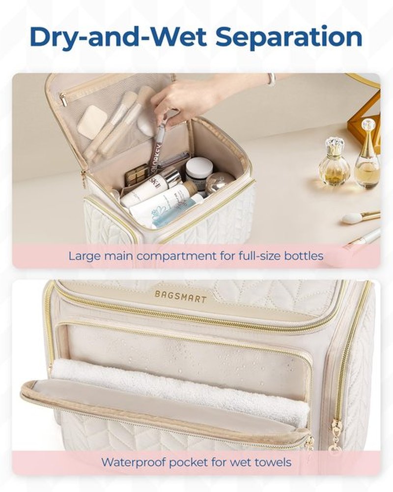 BAGSMART Travel Toiletry Bag, Large Wide-open Travel Bag for Toiletries, Makeup Cosmetic Travel Bag with Handle-Camel