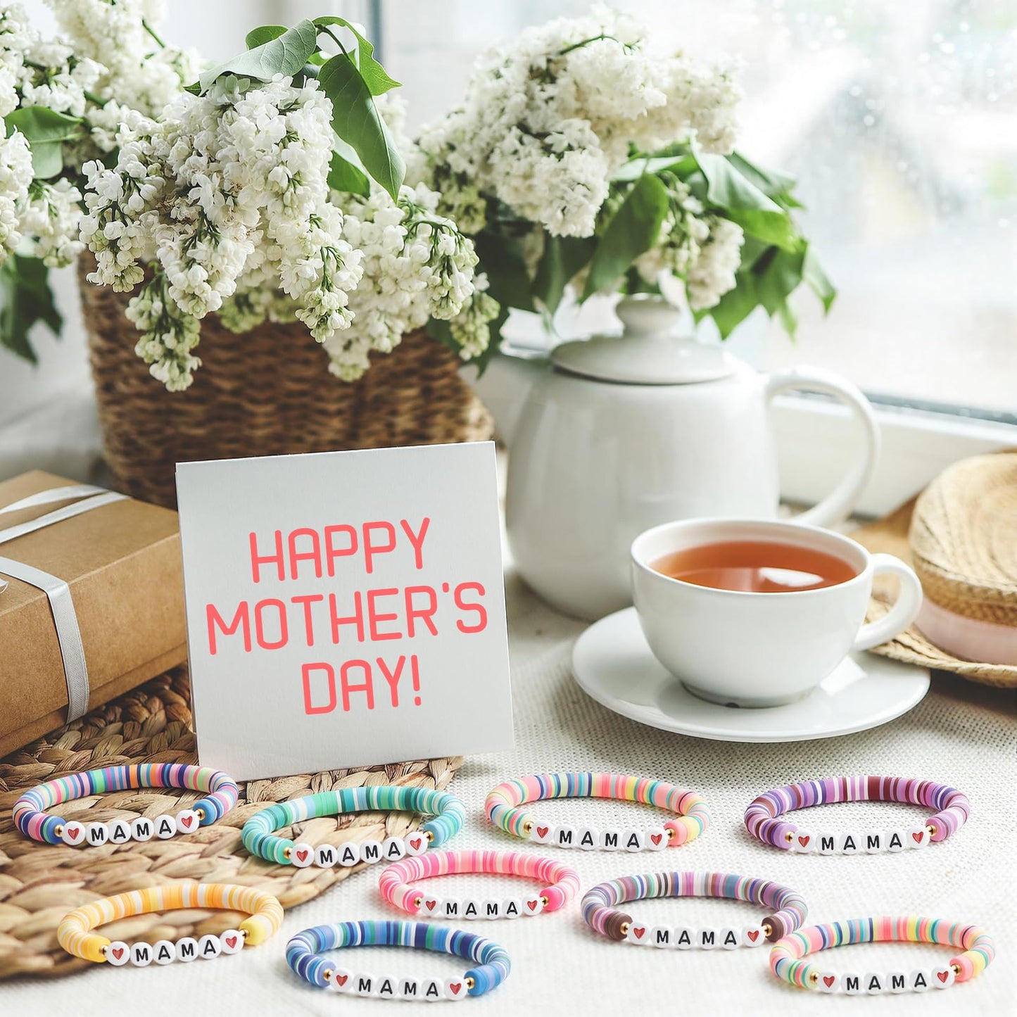Huquary 24 Mama Bracelet Gifts Bulk Christian Gift for Mom Clay Bracelets for Church Women Mom Group Mothers Day Party Favors(24 Pcs,Colorful)