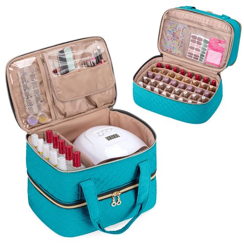 Yarwo Nail Polish Organizer Case Holds 50 Bottles(15ml/0.5 fl.oz) and Nail Lamp, Double Layers Nail Polish Bag with Adjustable Dividers for Nail Art Tools, Teal (Bag Only, Patent Design)