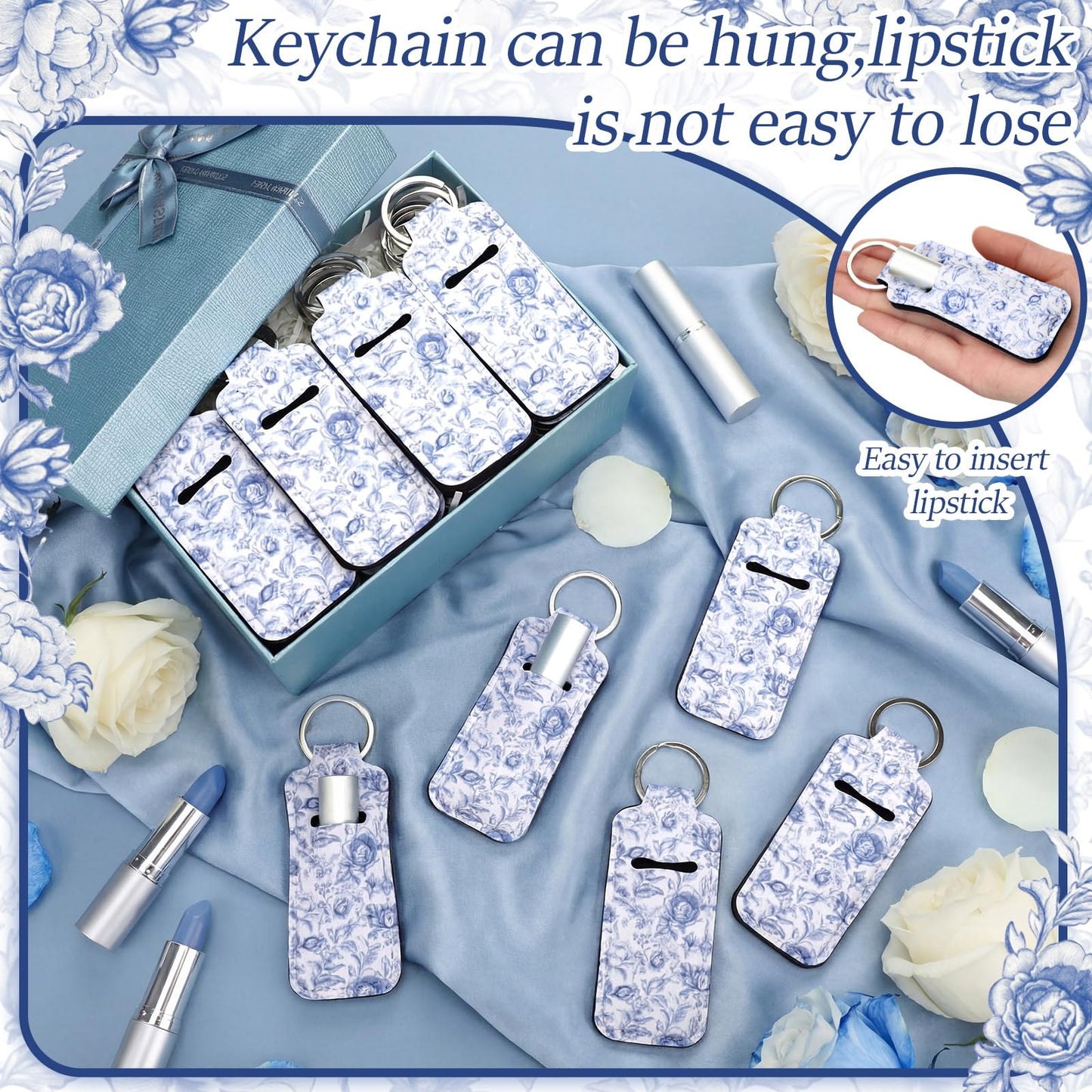 Ctosree 20 Pcs Bridal Shower Lipstick Holder Keychains Gifts Bulk Floral Wedding Favors for Guests Lip Balm Holder Keychain(Blue)