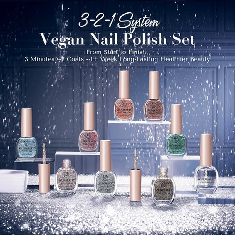 AZUREBEAUTY Reflective Nail Polish Set, 8 Colors Glitter Sparkly Shiny Green Silver Pink Quick Dry Natural Nail Lacquer Vegan Strengthening Treatment DIY Manicure Nail Salon