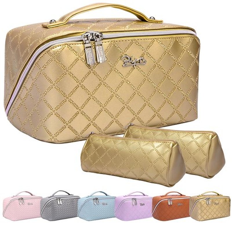 Travel Makeup Bags Cosmetic Organizer Bag: 3-Set Large Capacity Make up Bag - PU Leather Toiletry Bag for Women - Wide Open Portable Pouch with Divider & Handle (07-Gold)