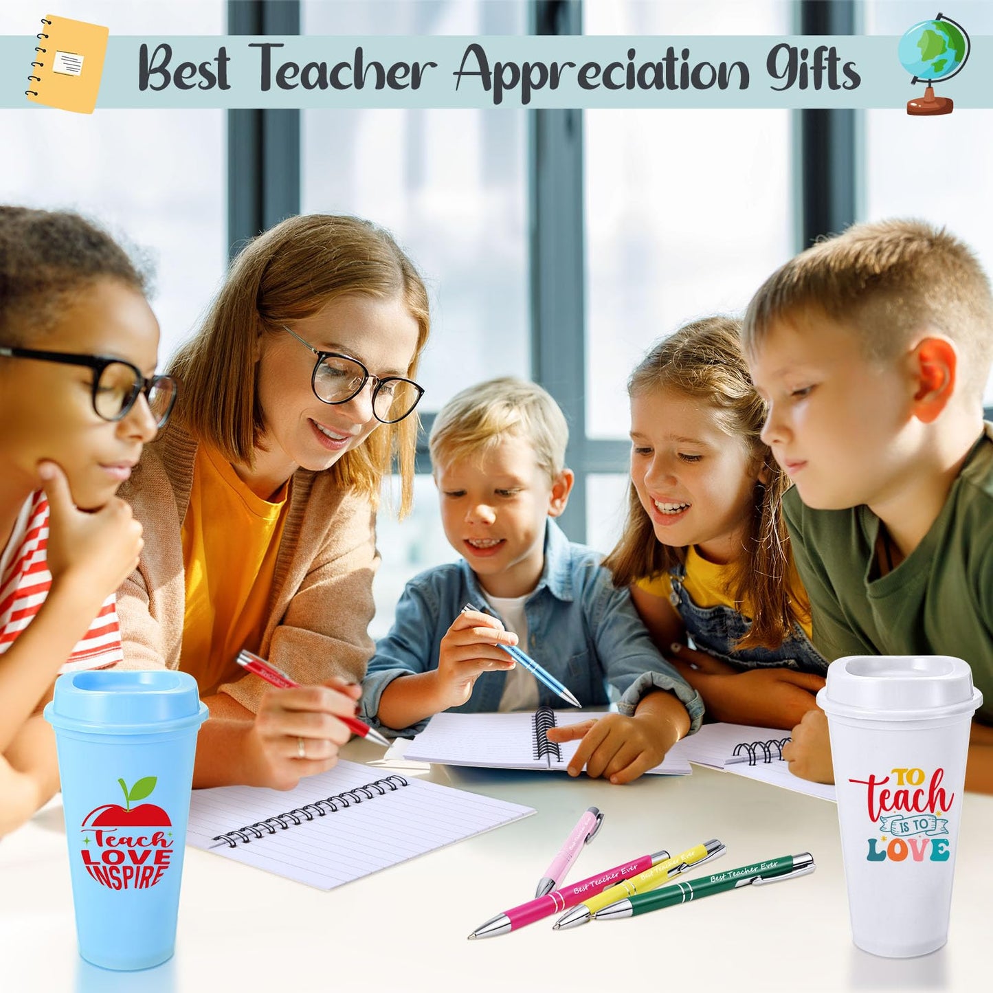 Skylety 36 Pcs Teacher Appreciation Gift Bulk, End of Year Thank You Gifts, 16 oz Reusable Plastic Coffee Cup with Lid, Inspirational Notebooks and Ballpoint Pens for Graduation Office(Teacher Life)