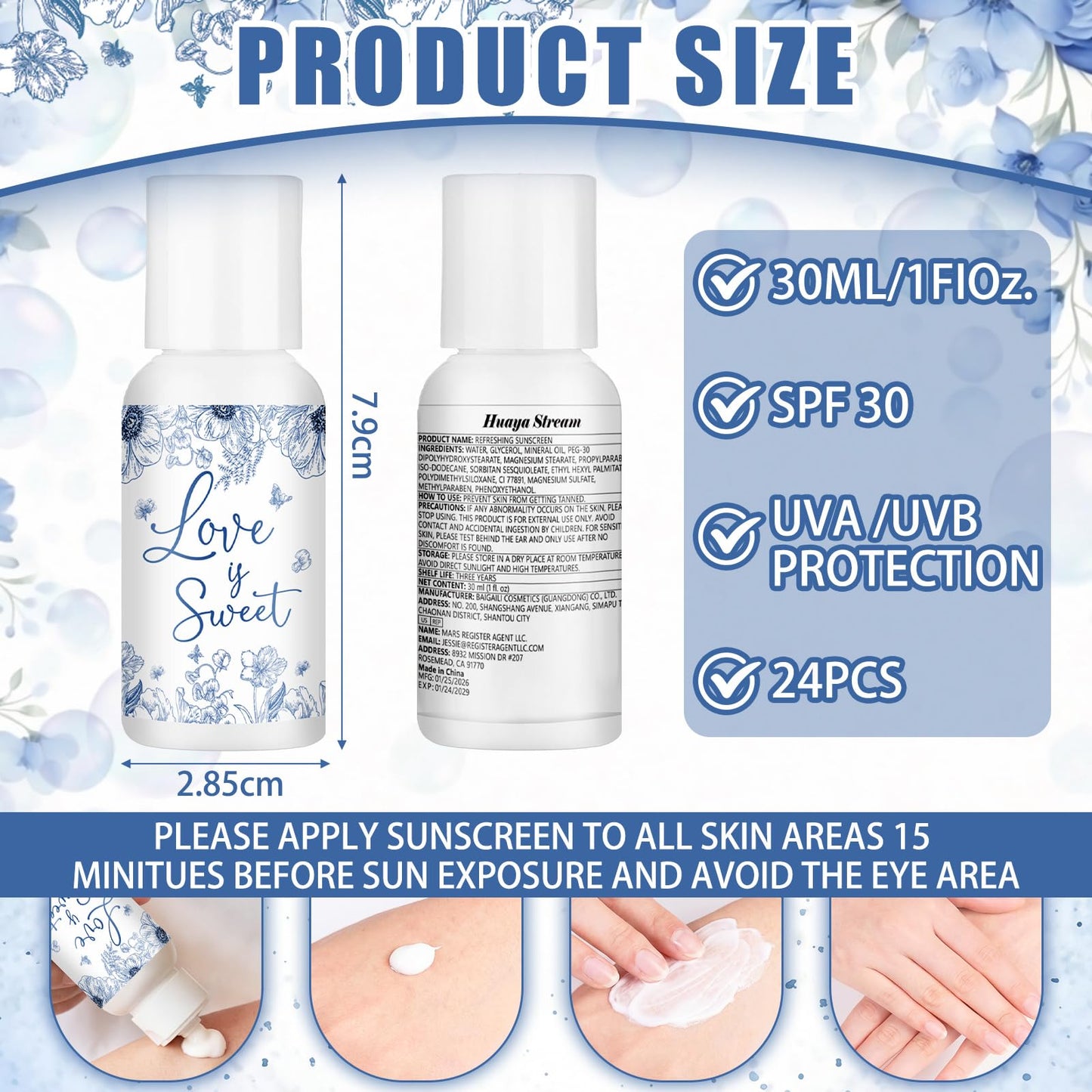 24 Pcs Travel Size Mini Sunscreen Bulk Spf 30+ Wedding Party Thank You Gifts for Guest Small Sunscreen for Summer Wedding Bridal Baby Shower Party Favor, 1 Fl. oz(Love is Sweet)