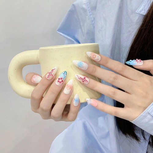 Wsliana Handmade Press On Nails - Medium Length Almond Shape, 3D Embossed Design, White and Pink, 10pcs Glue On Acrylic Fake Nails with Storage Box | Salon Quality | Trendy Nail Kit (073 S)
