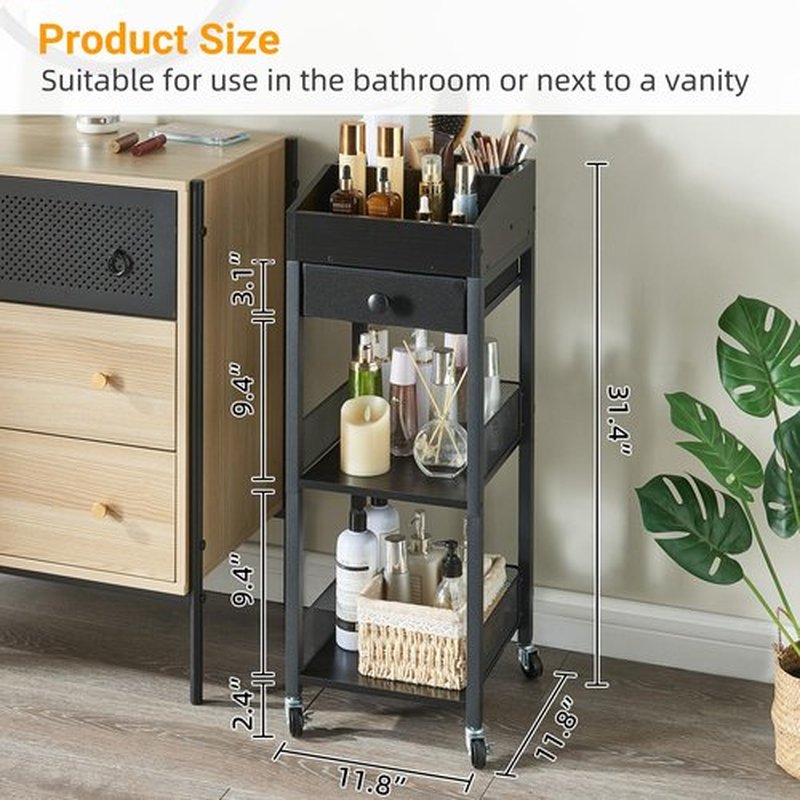 HUSHEDIFY Makeup Organizer Cart,3 Tier Floor Make up Storage Stand with Drawer, Free Standing Skincare Cosmetic Display Holder with Wheels for Vanity Bedroom Dresser Bathroom(Black)