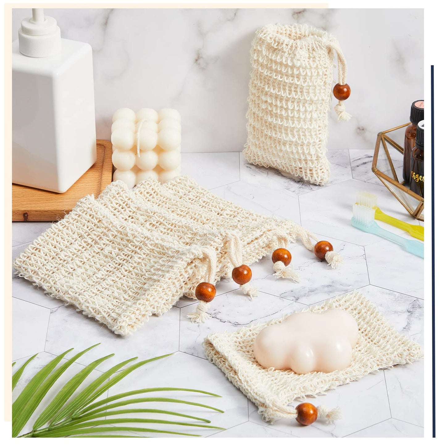 Cunhill 80 Pack Soap Saver Bag Exfoliating Soap Pouch with Drawstring Bar Wooden Bead Foaming and Drying Exfoliating Net for Bath and Shower (3.5x5.5 Inch)