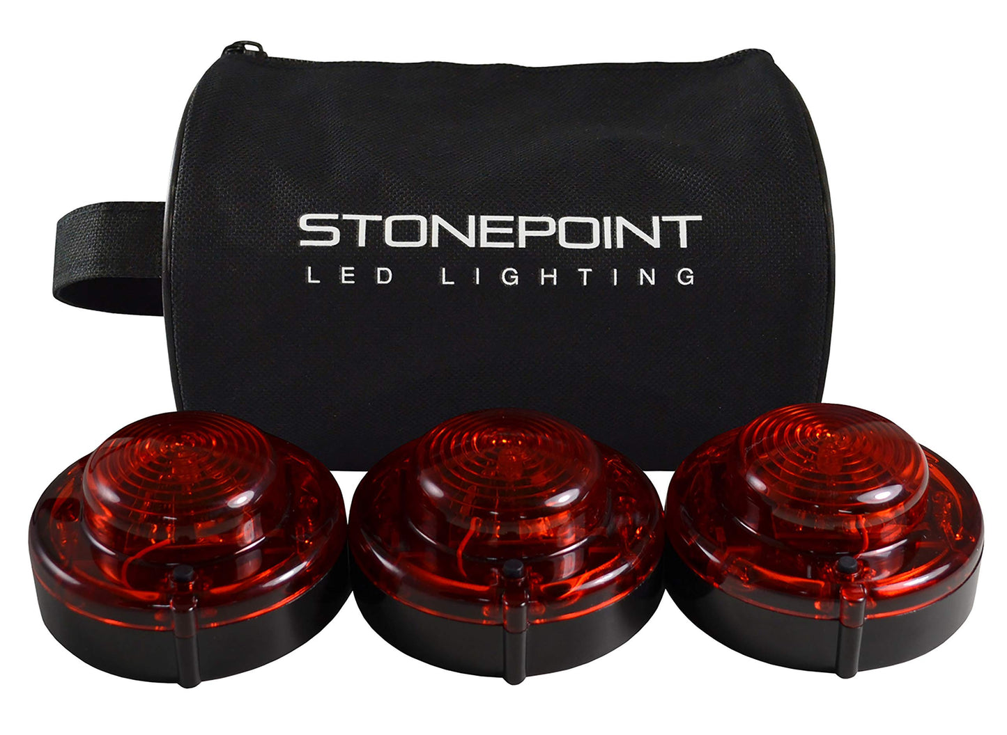 StonePoint LED Lighting Emergency LED Road Flare Kit Set of 3 LED Bright Roadside Beacons with Magnetic Base Flashing or Steady Red Lights Includes Storage Bag