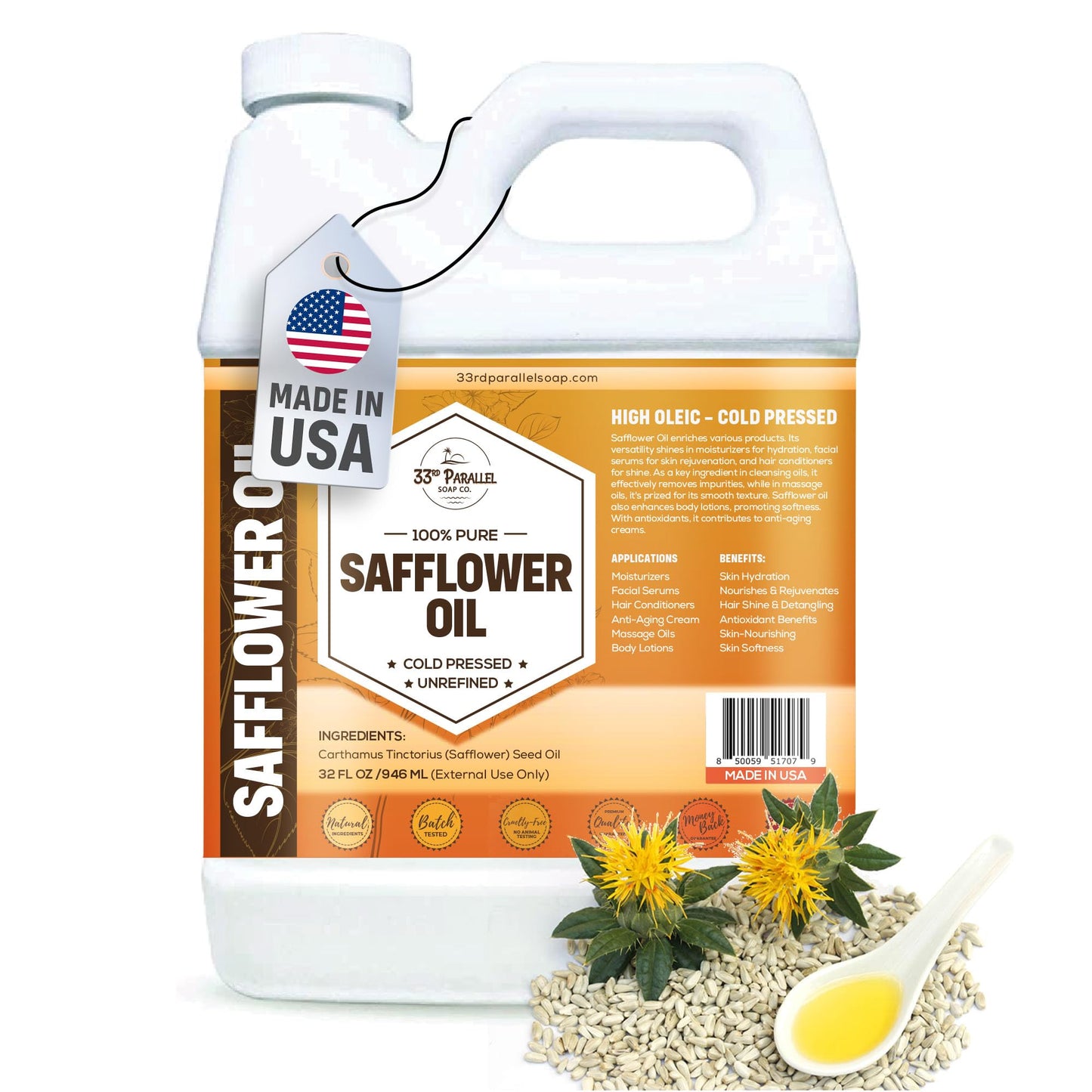 ORGANIC SAFFLOWER OIL (32 oz) Premium Cold Pressed Unrefined High Oleic 100% Pure Safflower Oil for Skin, Face, Hair, Soap Making | Carrier for Essential Oils | Available in Bulk | 32 FL OZ