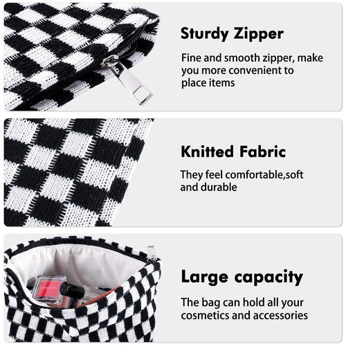 ZLFSRQ 2Pcs Checkered Makeup Bag for Women Large Cosmetic Bag Set Travel Toiletry Bag Makeup Pouch Bag for Purse Black Zipper Storage Bag Organizer Cute Small Aesthetic Girls Car Essentials Bag