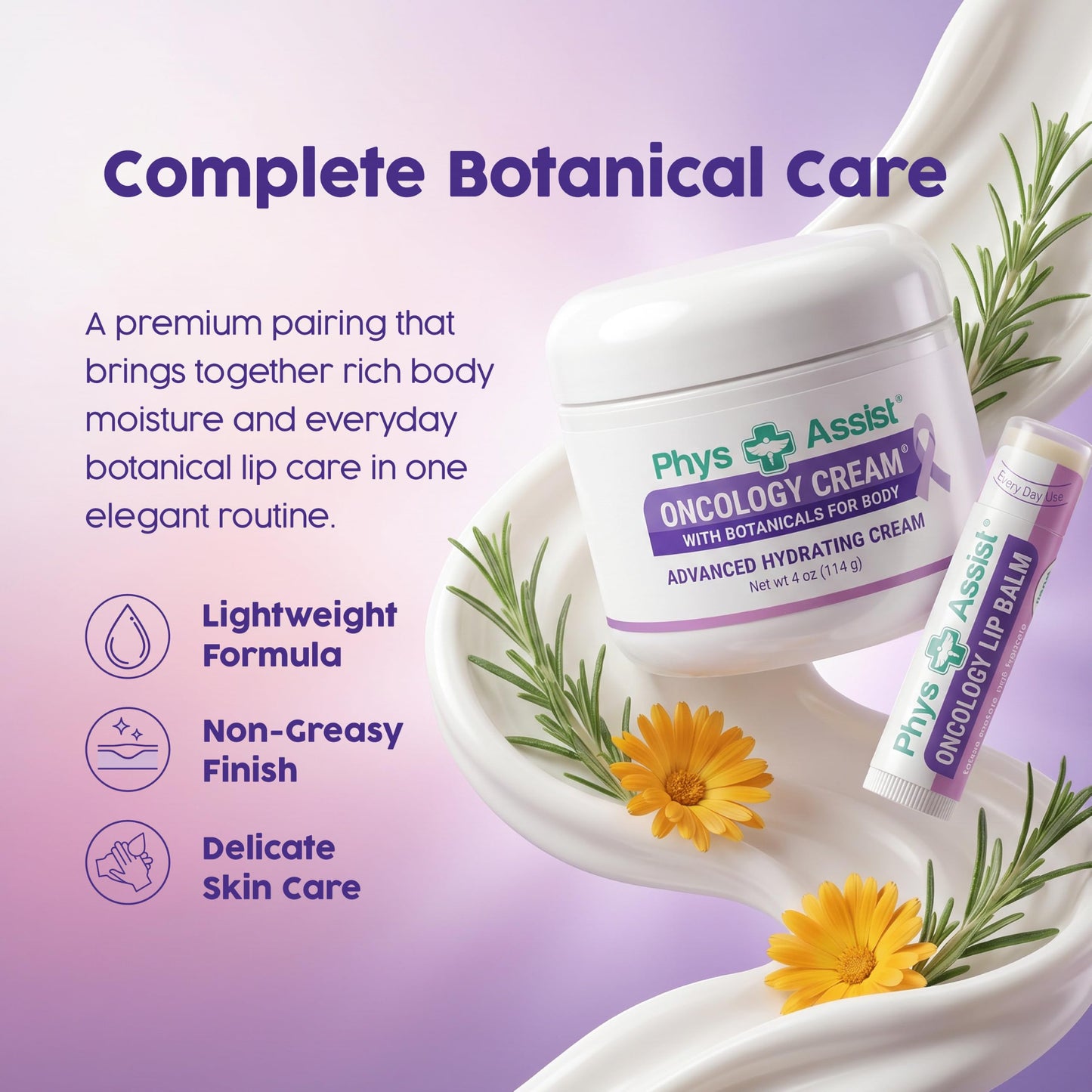 PhysAssist Oncology Cream with Botanicals for Body 4 oz + Lip Balm. Skin Therapy Set for Dry, Sensitive & Stressed Skin – Hydrating Body Cream & Moisturizing Lip Care. Clinically test. Non Irritant