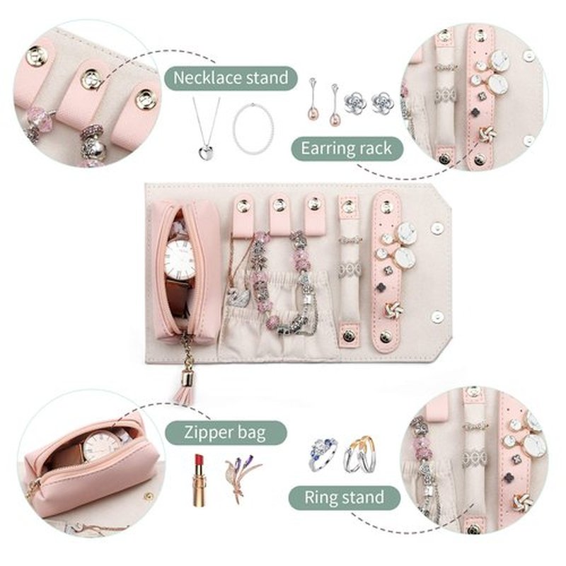 Vlando 1 Set of Makeup Bag and Jewelry Roll Bag,PU Leather Travel Bag Pink
