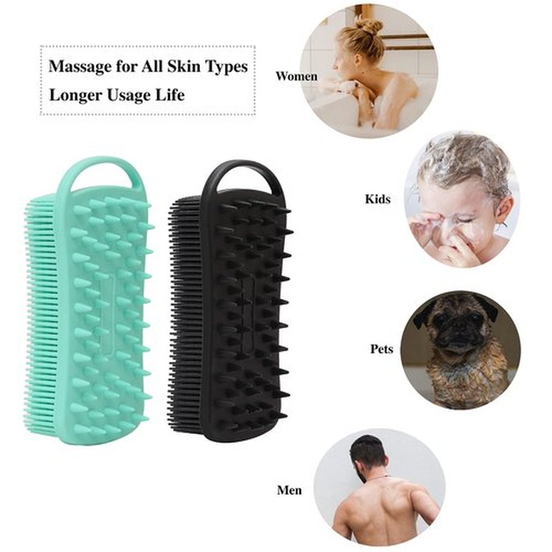 2 PC Silicone Exfoliating Body Scrubber, 2 in 1 Silicone Body Shampoo Brush, Soft Silicone Loofah for Sensitive Skin, Shower Silicone Hair Scalp Massager, Easy to Clean, Lather Well (Black&Green)