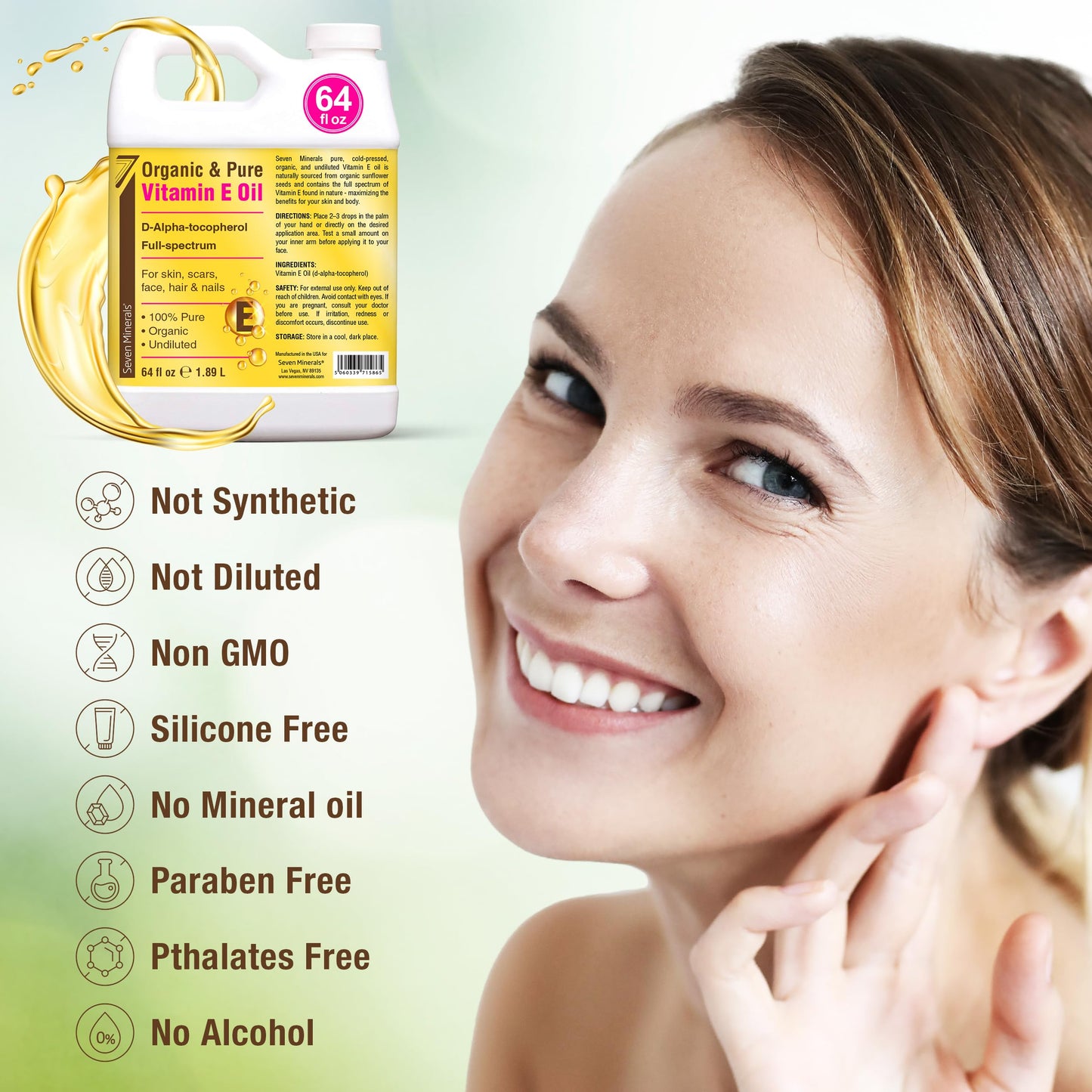 Seven Minerals Ultra Pure Vitamin E Oil - Full-Spectrum D-Alpha Tocopherol,100% Organic Vitamin E Oil for Skin, Face, Hair, and Scars - Naturally Occurring = Not Synthetic - 64 fl oz (Half-Gallon) Jug