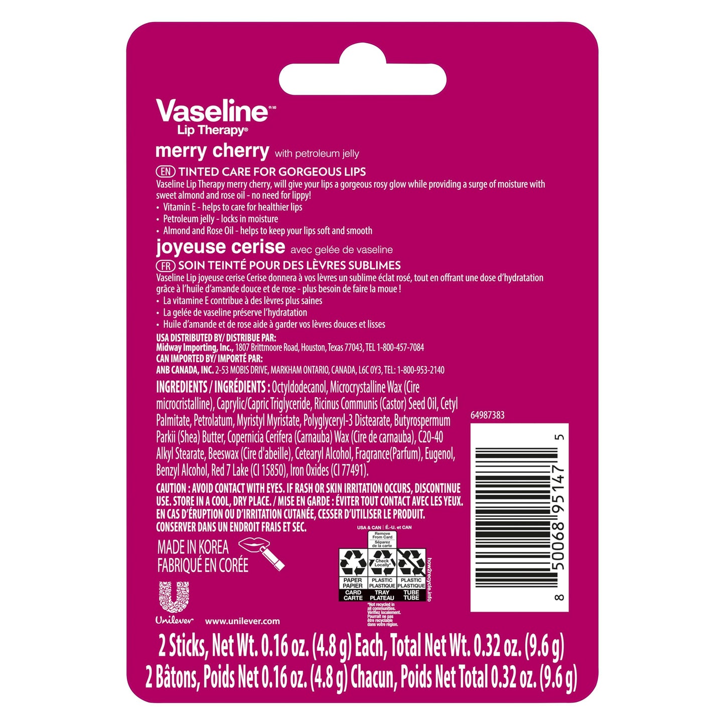 Vaseline Lip Therapy Holiday Edition Merry Cherry, Glossy Finish, Hydrating Petroleum Jelly Lip Balm, 4 Sticks, 0.16 oz Each