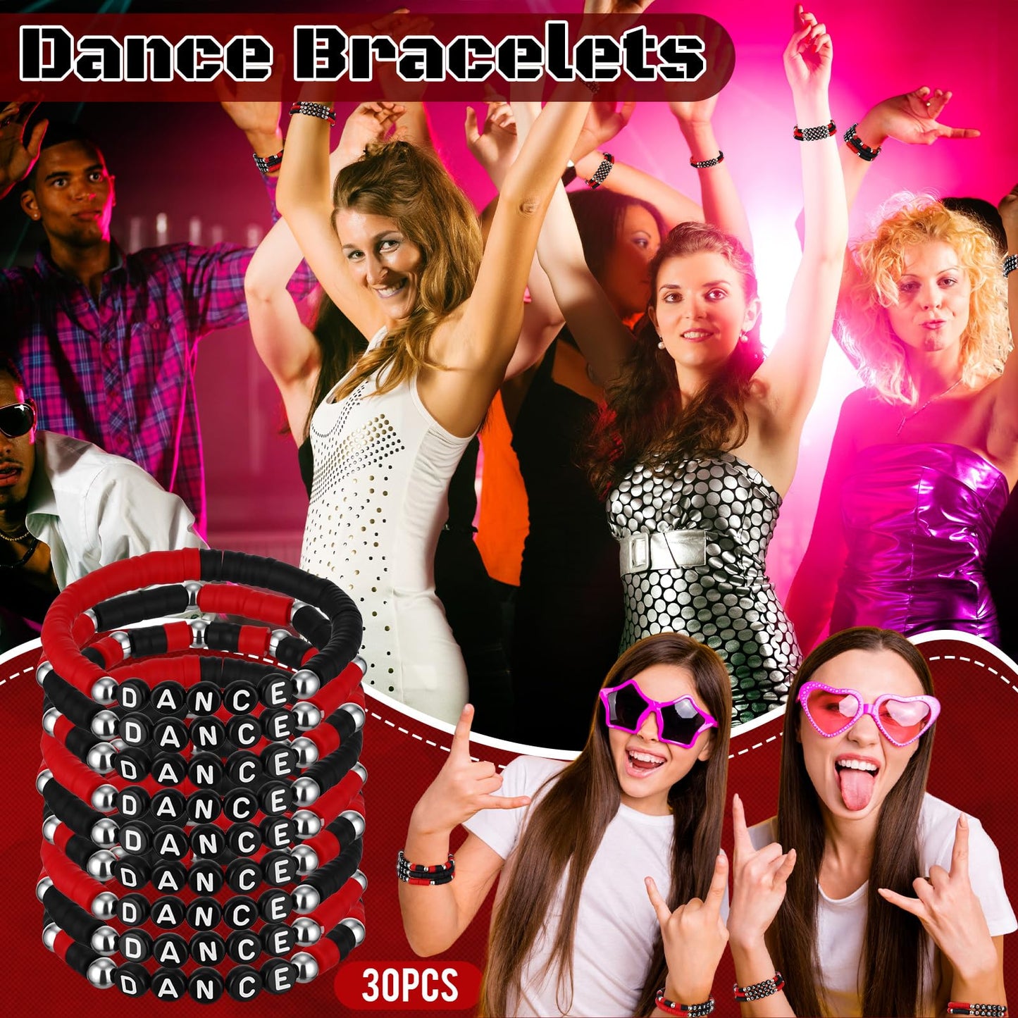 Landical 30 Pcs Dance Bracelets Bulk for Women Merchandise for Fans, Friendship Heishi Bracelets for Concert Outfits Party Favors, Gifts for Fan, Valentine Gifts Party Favors(Black Red)