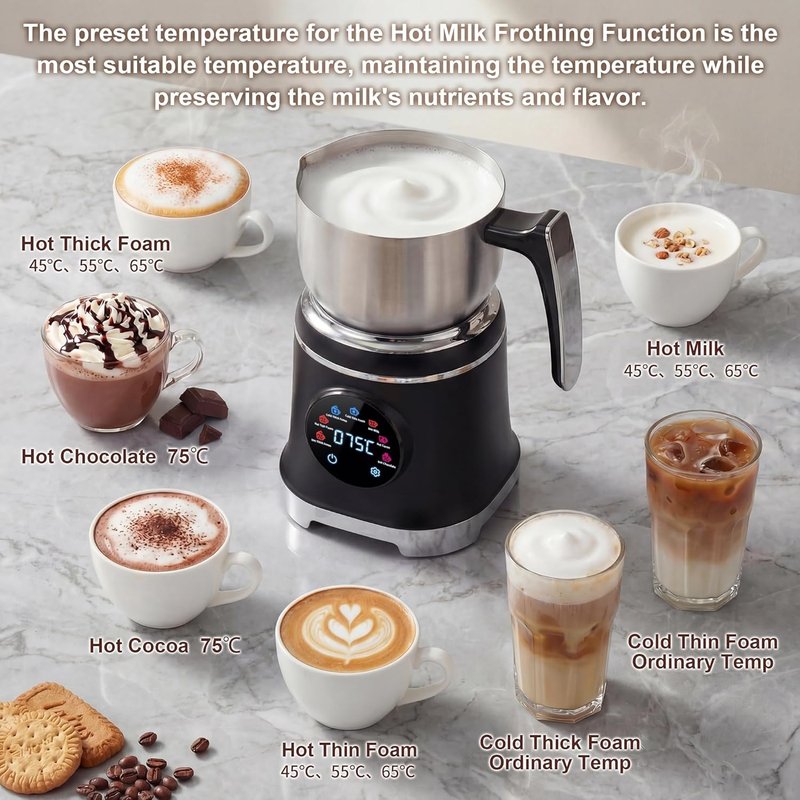 Electric Milk Frother - 7-in-1 Stainless Steel Steamer with Temperature Control | 20.3 OZ Hot & Cold Foam for Latte & Cocoa