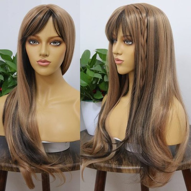 MSMYRNS Long Wavy Bang Wig Heat Resistant Synthetic Wig Light Auburn Blonde With Dark Brown Mixed Glueless None Lace Wig Fashion Fringe Unit Full Machine Made Scalp Wig