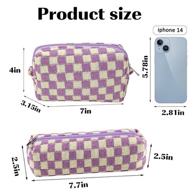 2Pcs Checkered Makeup Bag for Women Girls Pencil Pouch Travel Small Cosmetic Bag Set Cute Makeup Pouch Purse Pencil Case Pencil Bag Zippered Toiletry Bag Organizer Preppy Trendy Storage Bag(Purple)