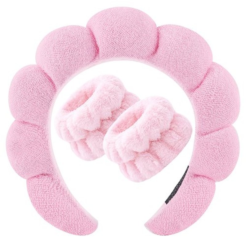 Zkptops Spa Headband for Washing Face Wristband Set Sponge Makeup Skincare Headband Terry Cloth Bubble Soft Get Ready Hairband Women Girl Puffy Padded Headwear Non Slip Thick Hair Accessory(Pink-2)