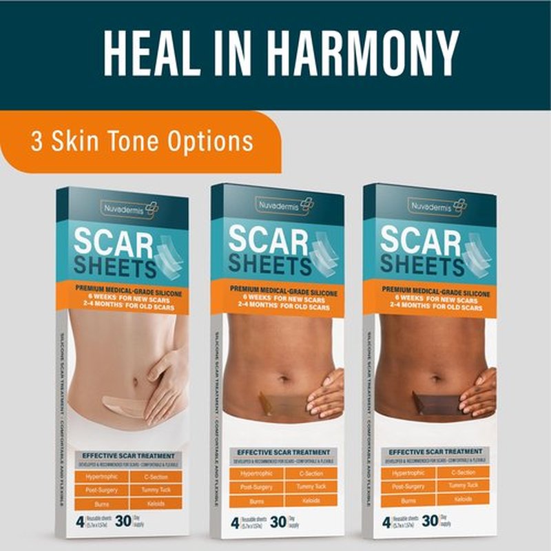 NUVADERMIS Silicone Scar Sheets – Extra Long Medical-Grade Scar Sheets for C-Section, Tummy Tuck, Keloid, and Surgical Scars – Reusable and Effective – 2 Packs of 4-8 Total Sheets