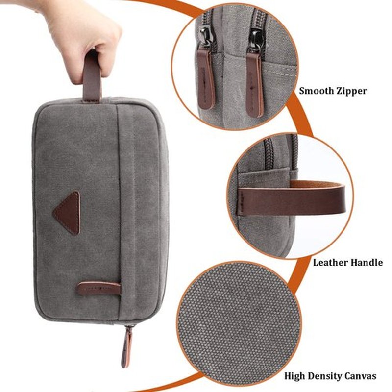 Mactso Mens Travel Toiletry Bag Canvas Leather Cosmetic Makeup Organizer Shaving Dopp Kits with Double Compartments (Gray)