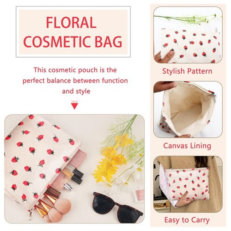 Makeup Bag for Women Large Corduroy Cosmetic Bag Travel Makeup Pouch for Purse Zipper Toiletry Bag Organizer Y2K Cute Aesthetic Trendy Makeup Brushes Storage Bag Travel Essential (Beige Strawberry)