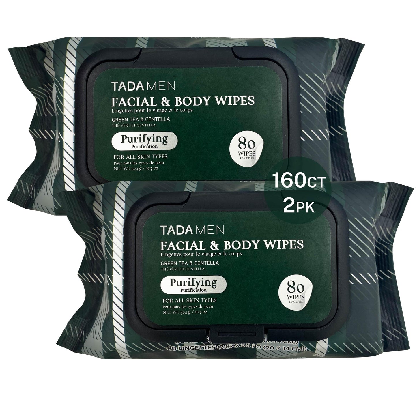 TADA Men - 160 Wipes (2PK) Facial & Body Wipe for Men and Adults, No Rinse, Bulk for Gym, Running, Outdoor Use (Green Tea & Centella, 160 Wipes (2PK))
