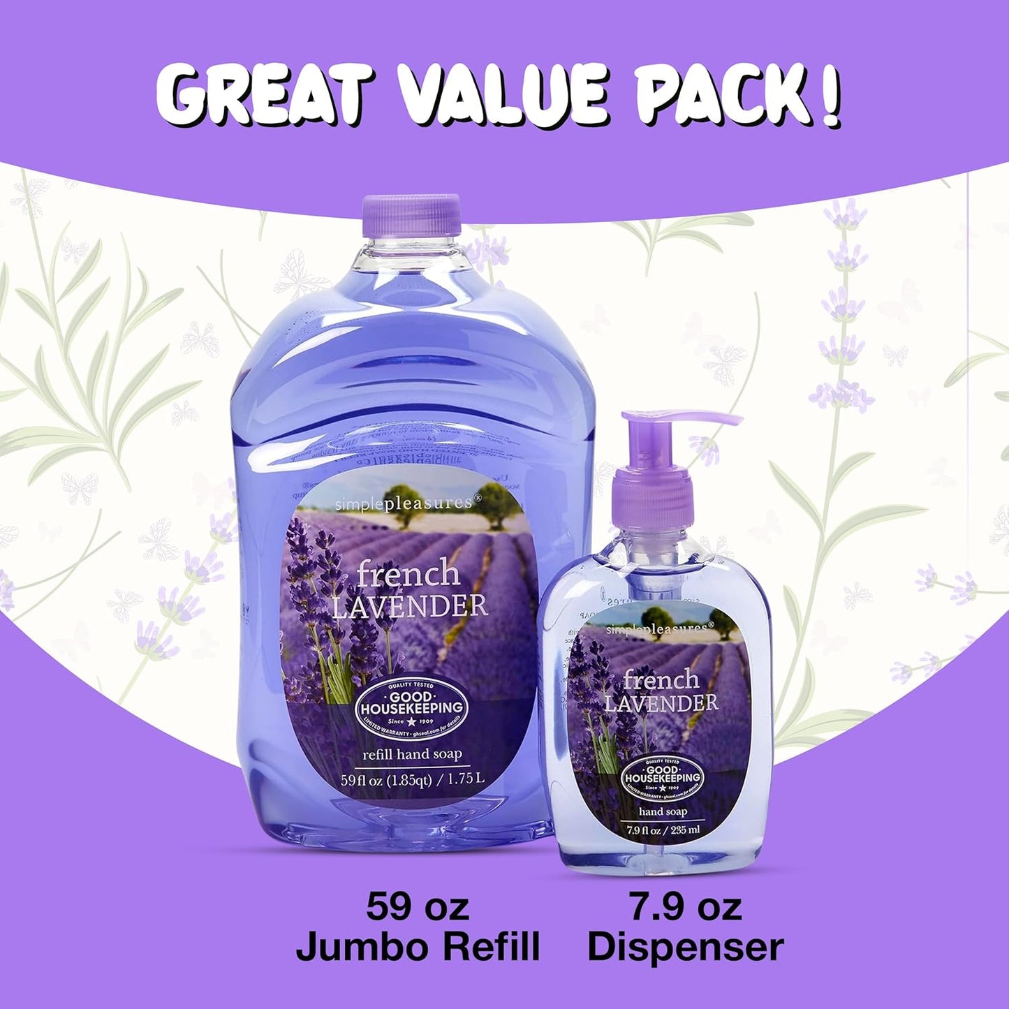 Premium Hand Soap - French Lavender Scent | 7.9 oz Bottle + 59 oz Refill - Multiple Scents Available