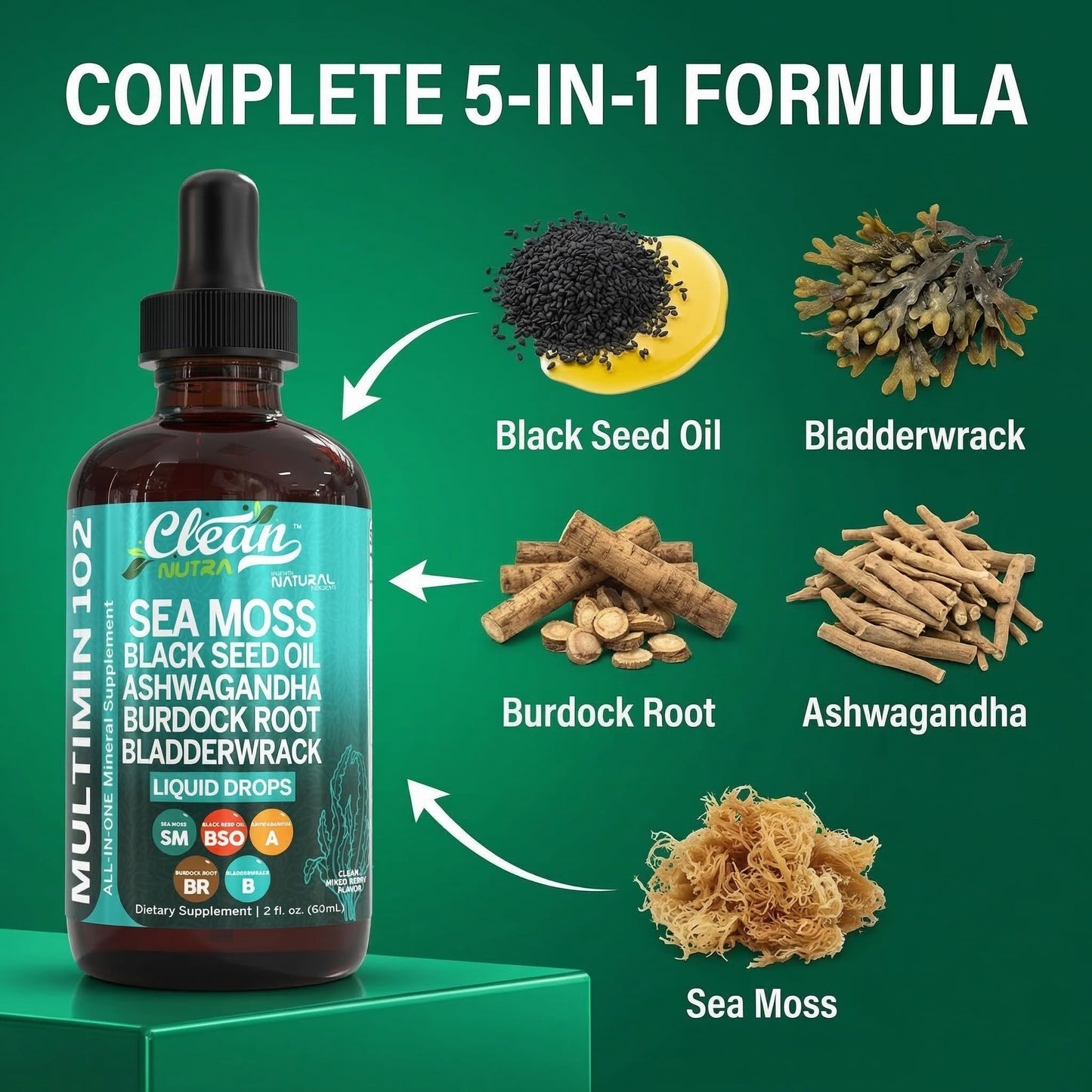 Clean Nutra Organic Sea Moss Drops Supplement | Black Seed Oil Irish Seamoss Ashwagandha Burdock Root & Bladderwrack - Multimineral Liquid Vegan for Gut Heath Energy Skin Immune Support & Hair