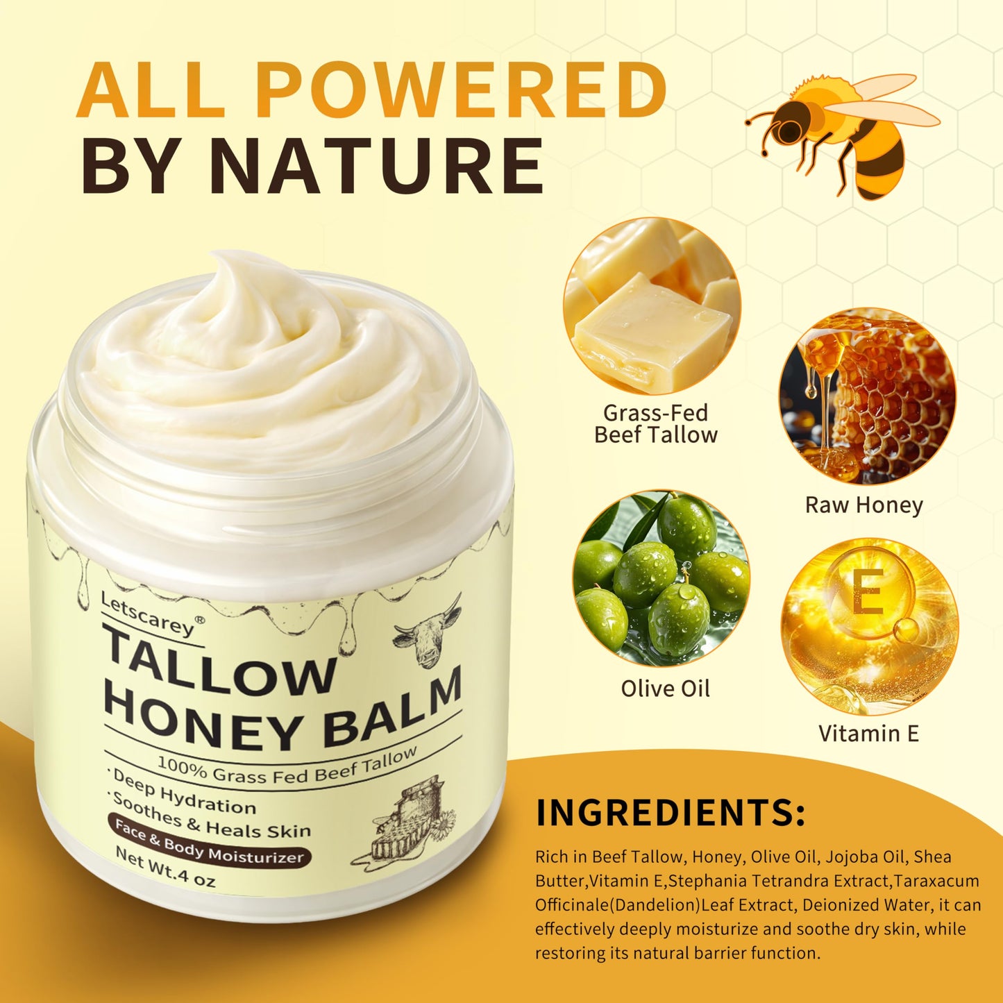Letscarey Beef Tallow for Skin, Whipped Tallow and Honey Balm For Face, Grass Fed Beef Tallow Moisturizer Cream Deeply Nourishment for Dry skin, Natural Unscented Tallow Face Moisturizer