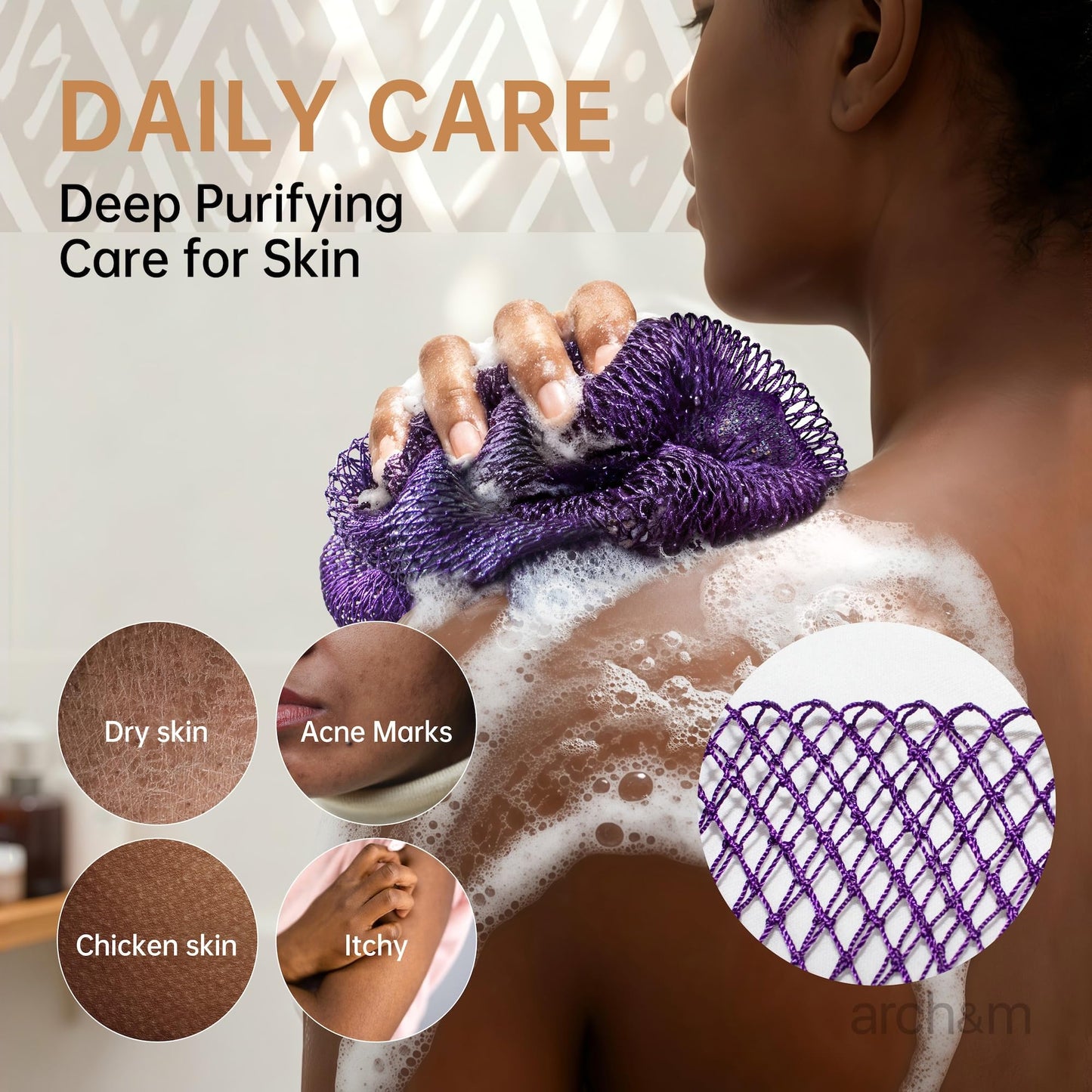 ARCH&M African Net Sponge 2 Pack – Authentic Exfoliating Bath & Shower Loofah Sponge, 53" Extra-Long Back and Body Scrubber for Women and Men, Gentle on Sensitive Skin, Everyday Body Care Spa Gift Set