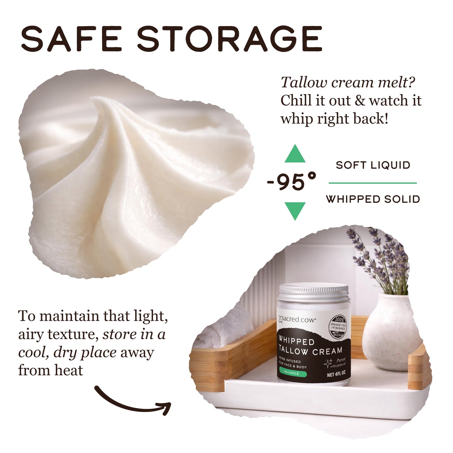 SACRED COW 100% Pure Organic Grass Fed Beef Tallow for Skin Care, Face Moisturizer, Body Butter, Hand Cream - Natural Whipped Tallow & Honey Balm Lotion Cream - Made in the USA - 4oz (UNSCENTED)