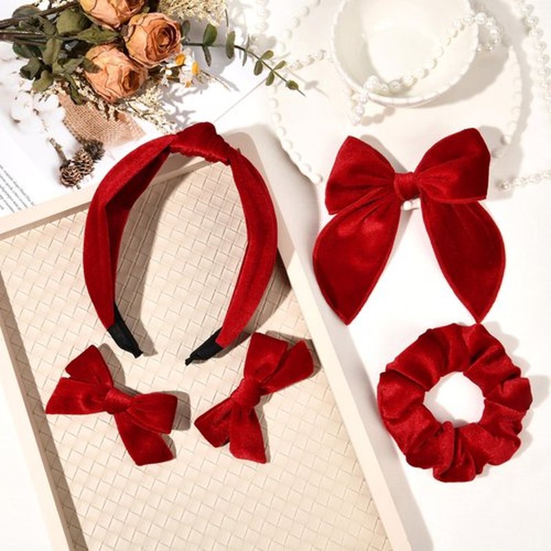 DEEKA Velvet Hair Bows & Knotted Headband & Scrunchy Fable Hair Bow Headband Set Velvet Scrunchies Alligator Clips for Toddler Girls Hair Accessories for Women and Girls (Red)