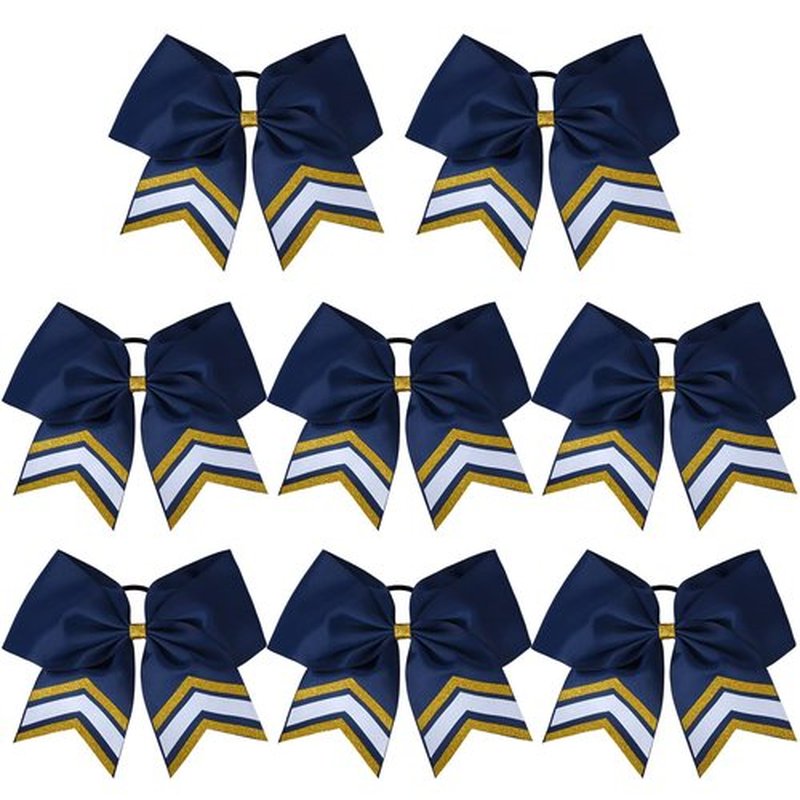 DEEKA 8PCS Large Glitter Cheer Bows Shiny 7" Cheer Hair Bows Ponytail Holder Handmade for Cheerleader Girls Softball Sports -Navy/g Gold
