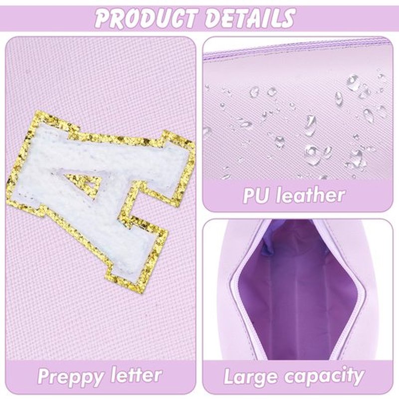 URSKYTOUS Gifts for Girls Initial Makeup Bag Personalized Cosmetic Bag with Zipper Cute Travel Toiletry Bag Waterproof PU Preppy Makeup Pouch Birthday Gift for Teen Girls Women(Purple A)