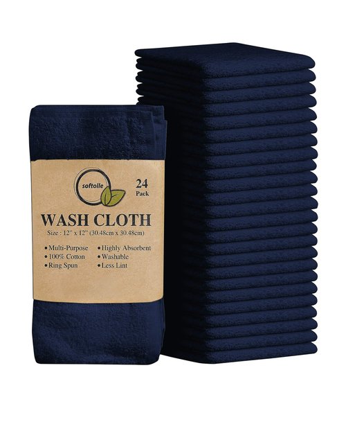Softolle 100% Cotton Ring Spun Wash Cloths – Bulk Pack of Washcloths – 12x12 Inches – Wash Cloth for Face, Highly Absorbent, Soft and Face Towels (Navy Blue, 24 Pack)