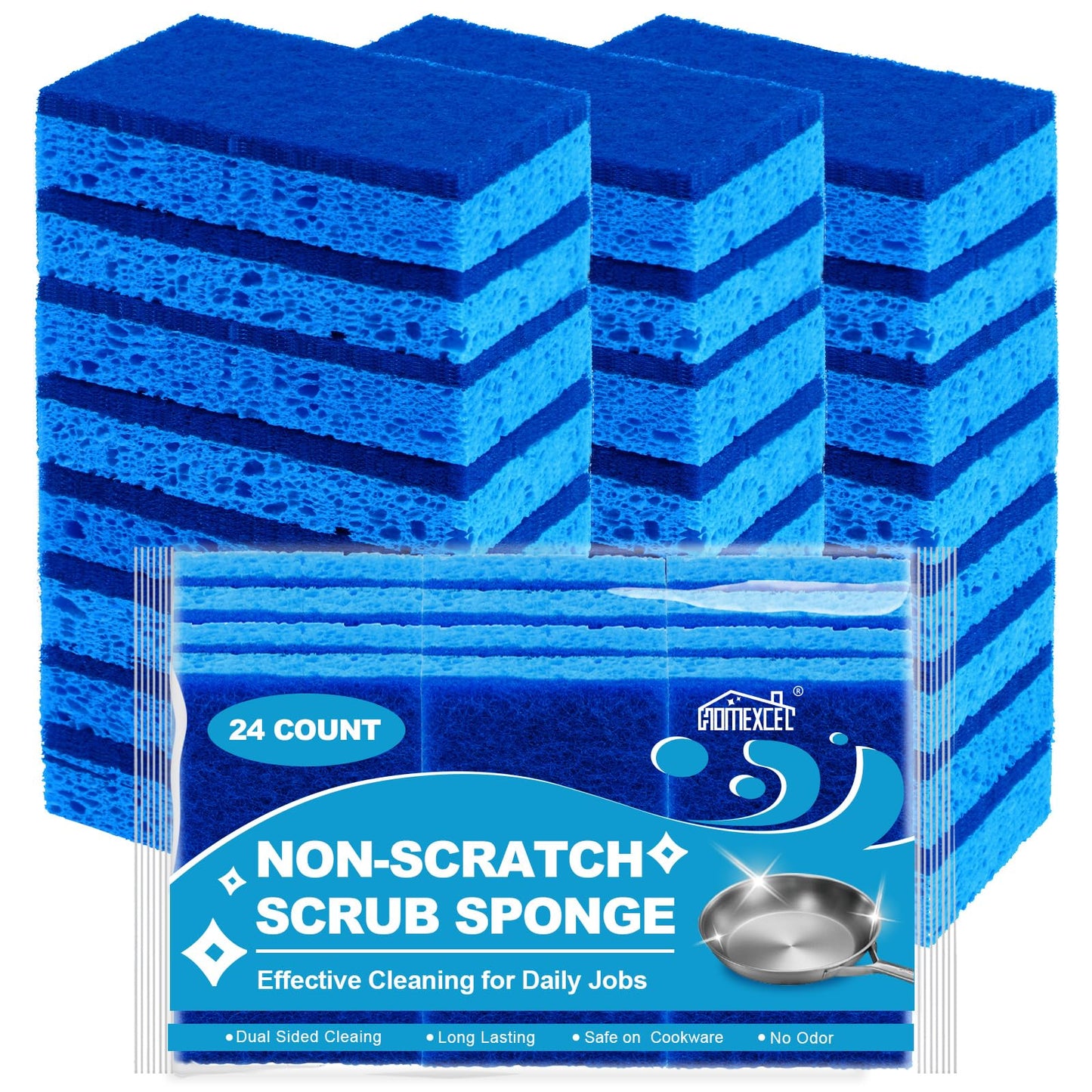 HOMEXCEL Sponges Kitchen 24pcs, Non-Scratch Scrub Dish Sponge Safe on Non-Stick Cookware, Dual Sided Cleaning Sponges for Kitchen, Household, Bathroom and More