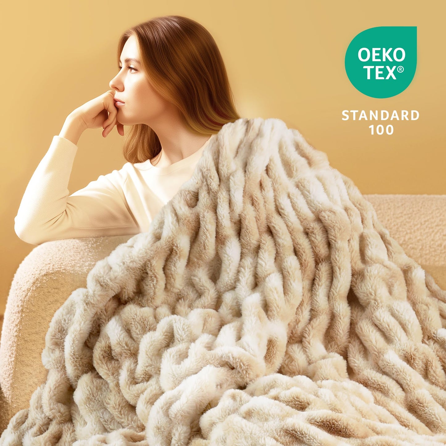 blunique Faux Rabbit Fur Throw Blanket, Ultra Soft Plush Cozy Blanket for Couch Bed, Thick Fluffy Ruched Tie-Dye Decorative Blanket, Giftable,50"x60",Tie-Dye Khaki