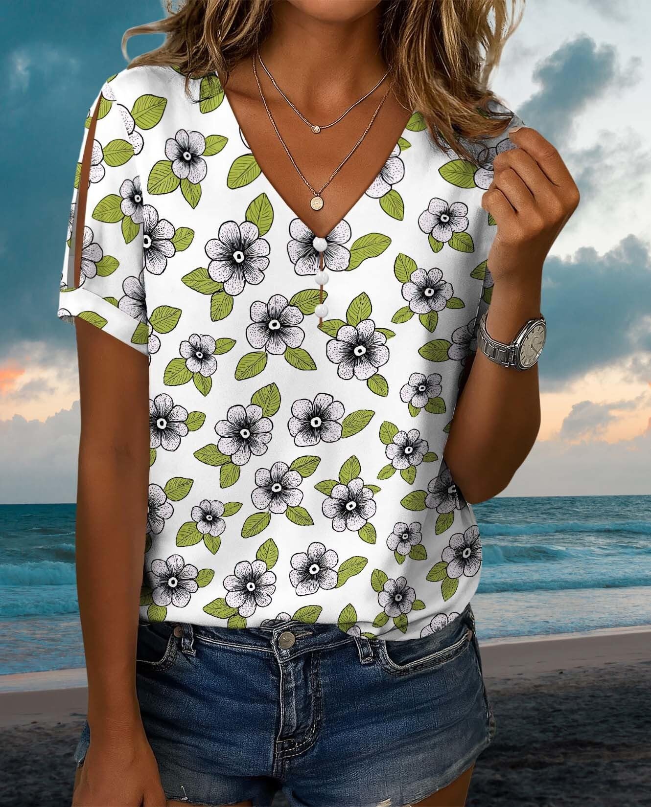 Summer Floral Print Boho Blouses for Women Casual Loose Fit Top Front Button V Neck Tee with Slit Short Sleeves Lightweight Relaxed Shirts