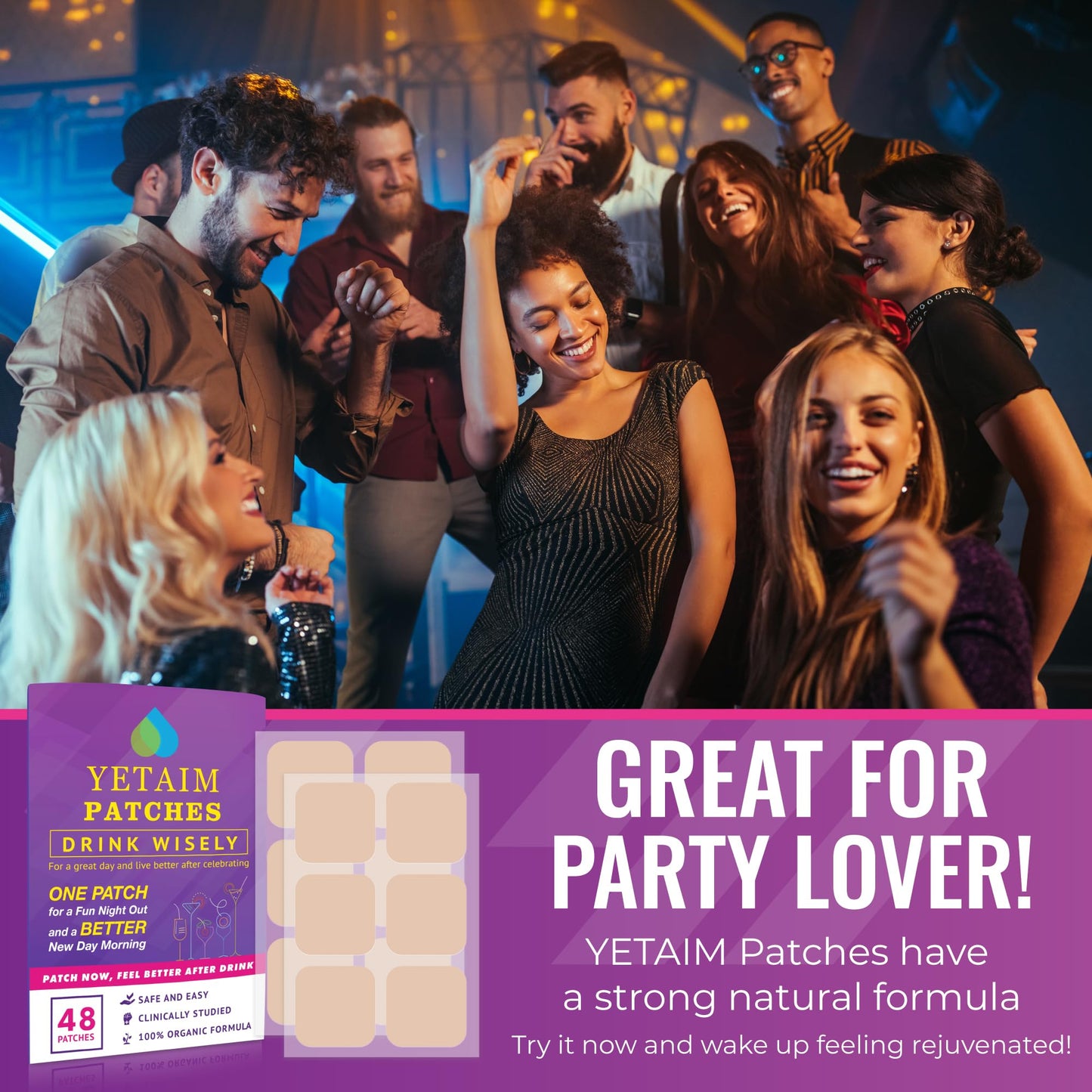 YETAIM Recovery Patches for Men Women: 48 Pack Energy Boost Fast Recovery - Day Night Party Support - Apply on Arm Neck Wrist Back for Party Fun Morning Revival - Power Purple