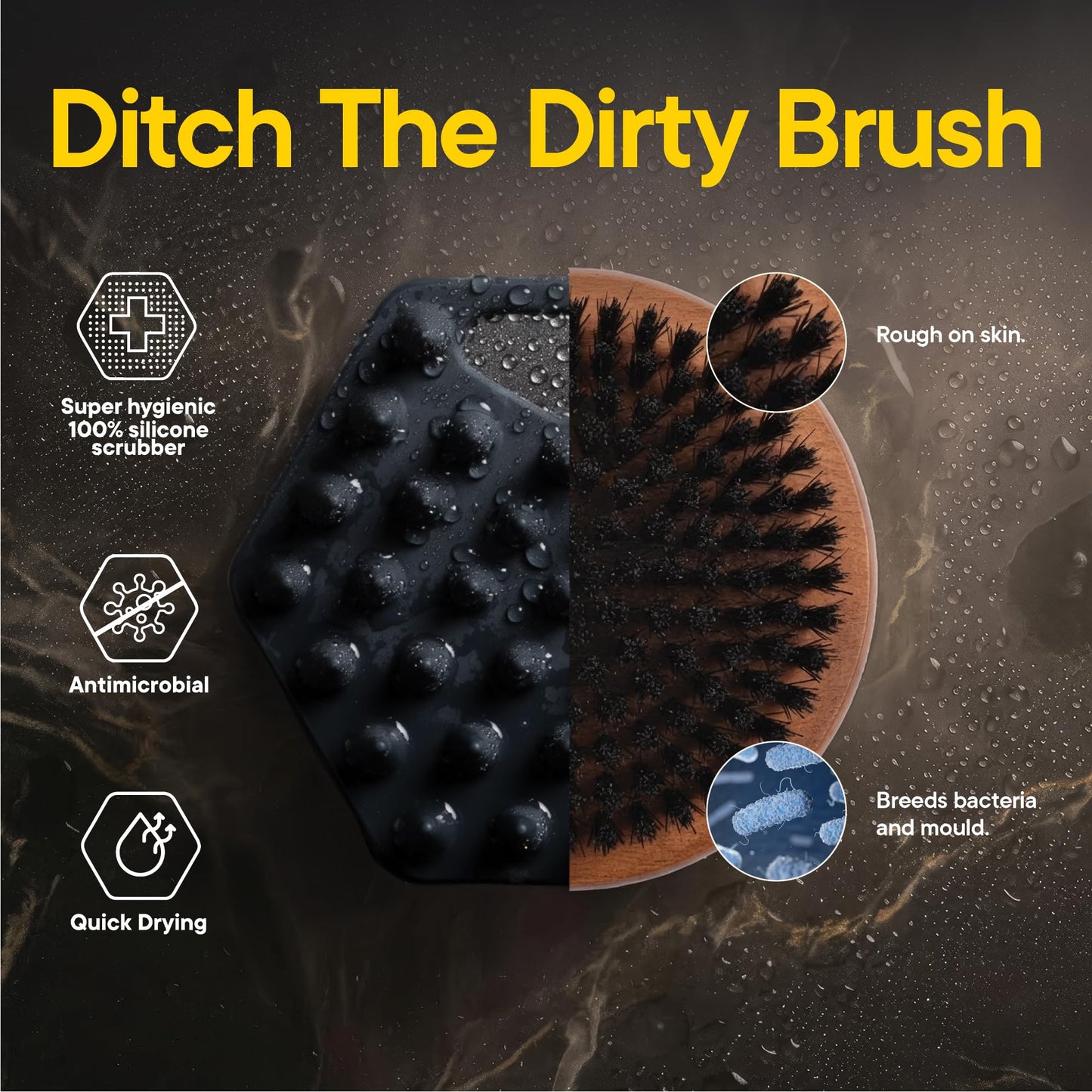 TOOLETRIES Premium Silicone Beard Scrubber & Hook for Men, Beard Brush & Exfoliator, Deep Cleans Facial Hair, Removes Beardruff & Oil Build-up. Helps Wash, Shampoo & Beard-Oil Performance - Charcoal
