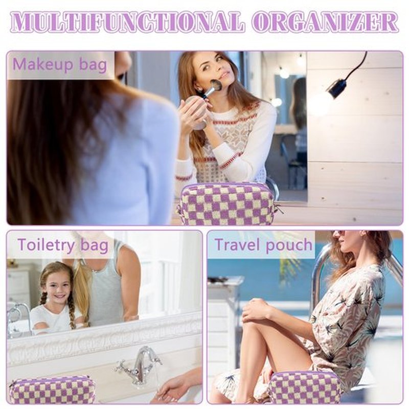 2Pcs Checkered Makeup Bag for Women Girls Pencil Pouch Travel Small Cosmetic Bag Set Cute Makeup Pouch Purse Pencil Case Pencil Bag Zippered Toiletry Bag Organizer Preppy Trendy Storage Bag(Purple)