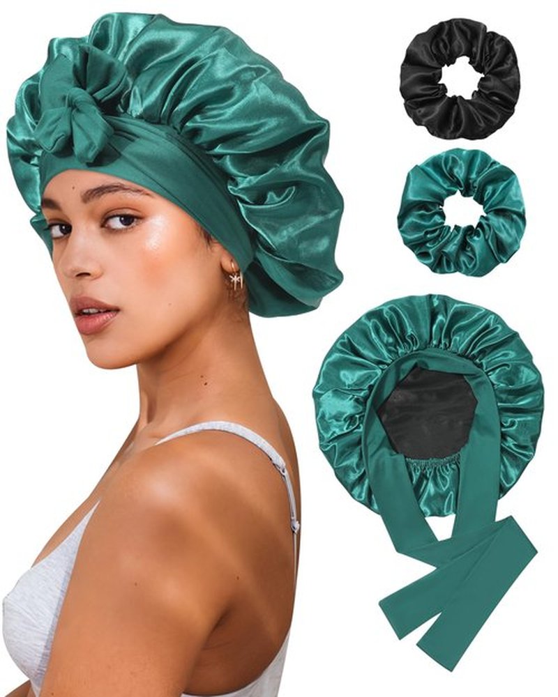 Reversible Satin Bonnet for Sleeping Women Silk Bonnet Double Layer Hair Bonnet with 2PCS Hair Scrunchies Elastic Tie Band Night Cap Hair Wrap for Natural Curly Hair (Dark Green+Black)