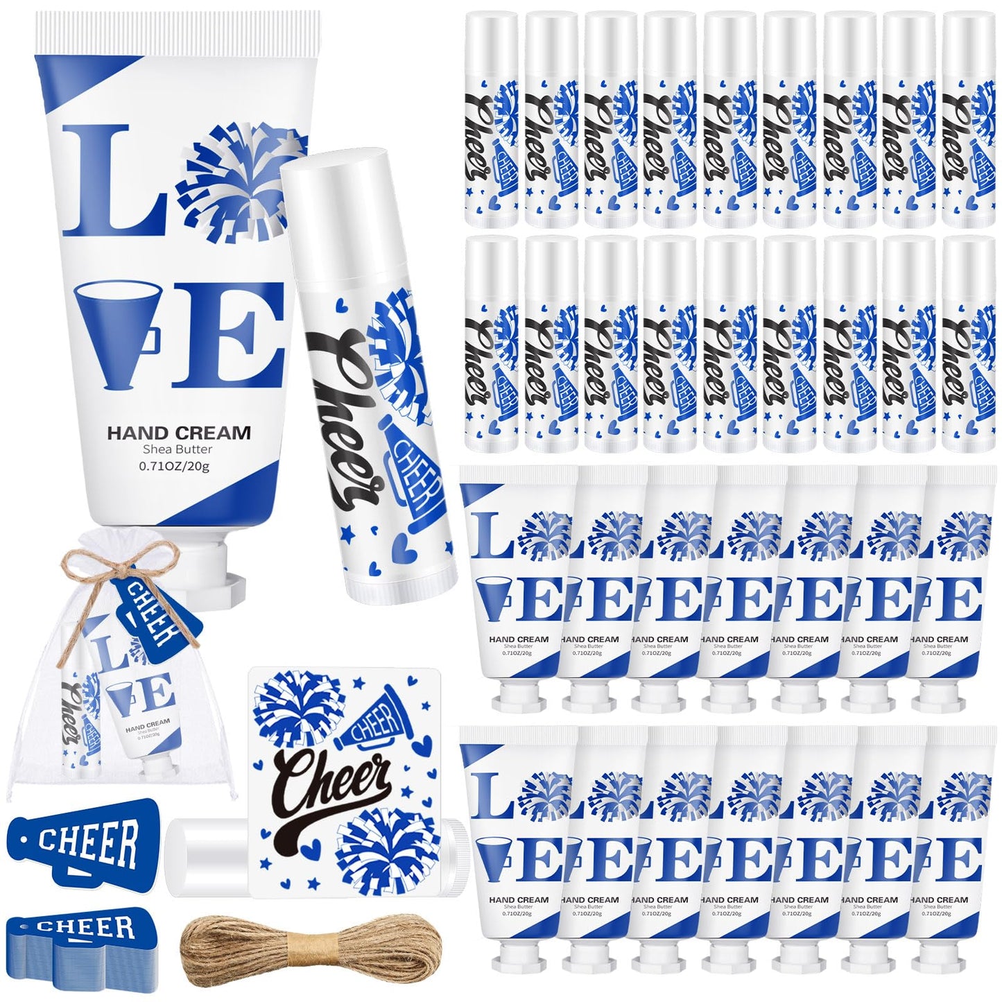 Heigble 144 Pcs Blue Cheer Lip Balm Hand Cream Set Party Favors Cheer Teams Camp Gifts Include 36 Lip Balm 36 Moisturizing Hand Cream 36 Bags 36 Cards and Ropes for Guest Party Supplies Accessories