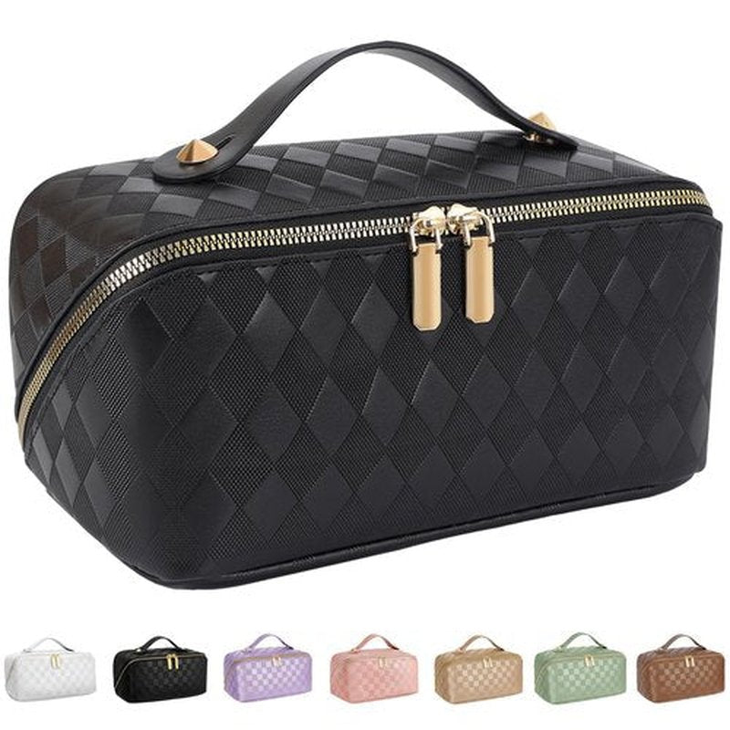 ALEXTINA Travel Makeup Bag,Large Capacity Vegan Leather Cosmetic Bags for Women,Waterproof Portable Pouch Open Flat Toiletry Bag Make up Organizer with Fixed Divider